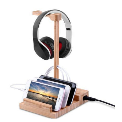2 in 1 Bamboo Wood Charging Station Stand 3 USB for iPhone &