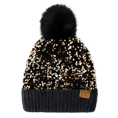 CC Sequin Fur Pom Beanie | Adult and Kid Sizes