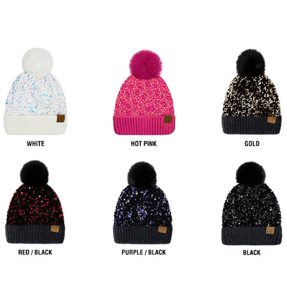 CC Sequin Fur Pom Beanie | Adult and Kid Sizes