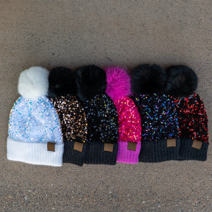 CC Sequin Fur Pom Beanie | Adult and Kid Sizes