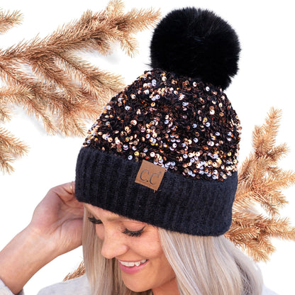 CC Sequin Fur Pom Beanie | Adult and Kid Sizes