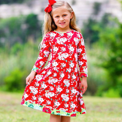 AnnLoren Girls Boutique Christmas Floral Long Sleeve Cotton Party