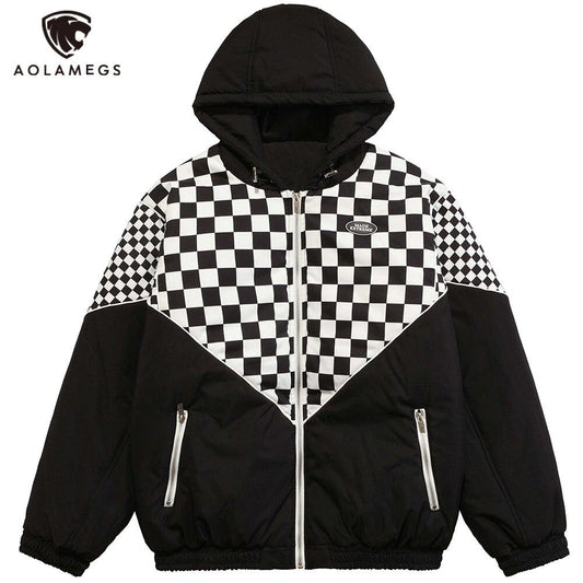 Winter Jacket Men Plaid Print Zipper Pockets Hooded Padded Coat Couple