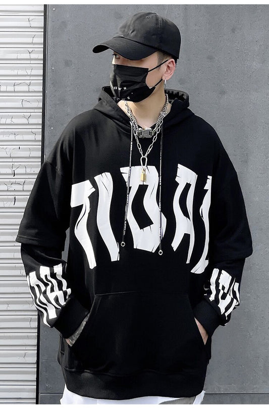 Fake 2 Pieces Hoodie Men Letter Print Big Pockets Casual Loose High