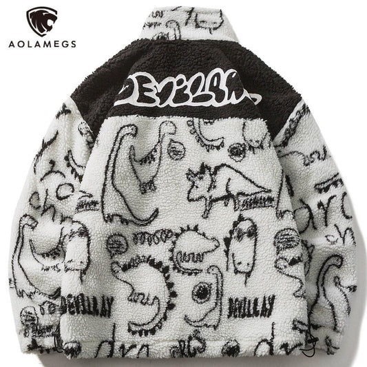 Lambswool Parkas Winter Jacket Men Dinosaur Graffiti Fuzzy Casual