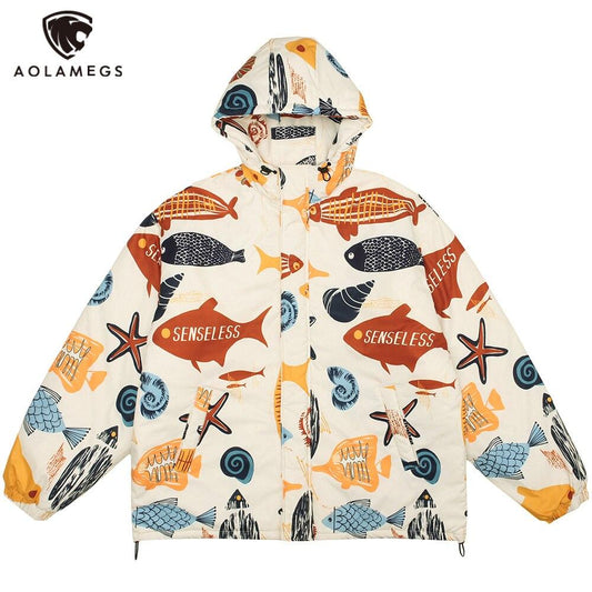 Winter Jacket Men Colorful Cartoon Fish Print Hooded Coat Zipper